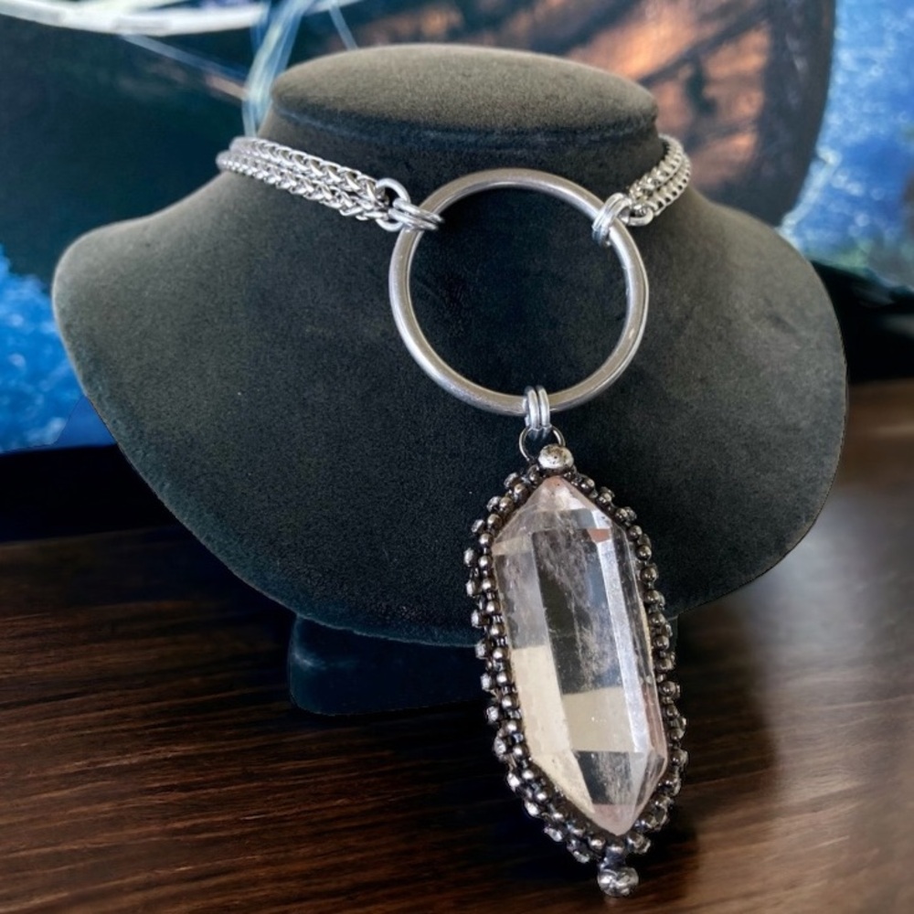Double chain big Natural Crystal quartz black electroplated boho goth necklace